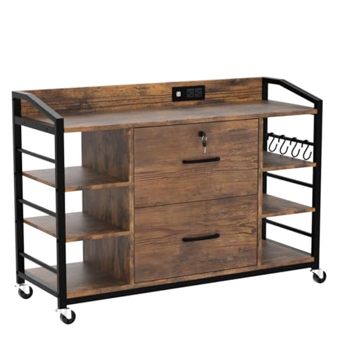 44-Inch Rolling File Cabinet with Lock, Power Strip, and Storage Shelves