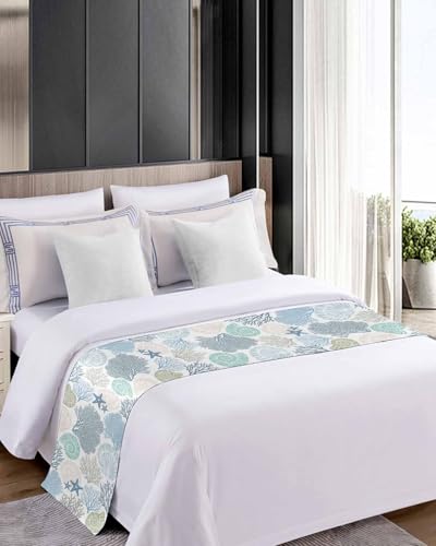 Coastal Starfish Bed Runner Scarf for Queen Bed, Teal Coral Bed Throw