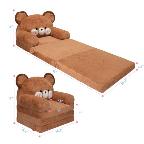 2-in-1 Fold Out Toddler Sofa Chair - Comfy Bear Kids Couch for Ages 1-4