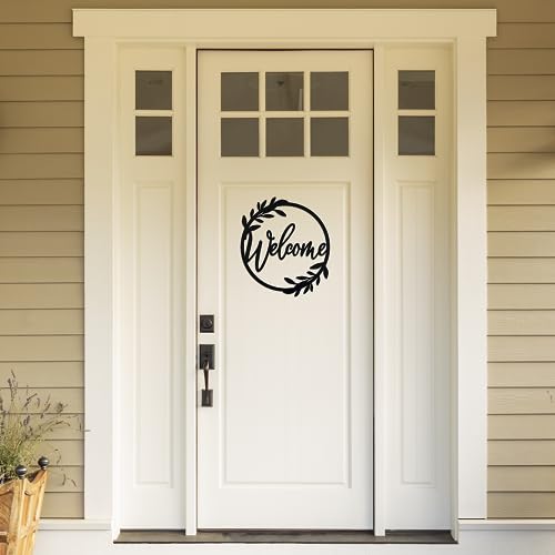 13.5-Inch Metal Welcome Sign - Round Black Wreath Wall Decor for Front Door