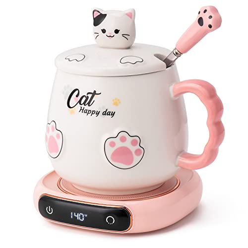 White Cat Mug Warmer & Coffee Mug Set - Portable Beverage Warmer with 3 Temp, Auto Shut-Off