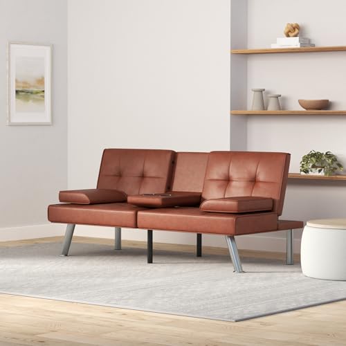 Modern Convertible Faux Leather Futon Sofa Bed with Cupholders