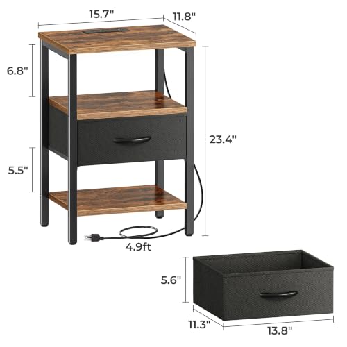 3-Tier Nightstand with Charging Station & Adjustable Fabric Drawer