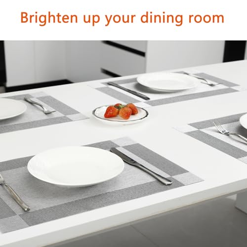Silver Grey Woven Vinyl Placemats - Heat Resistant Table Mats, Set of 6