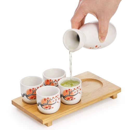 Tosnail 5-Inch Ceramic Japanese Sake Set with Carafe, 4 Cups & Bamboo Tray – Orange Blossom, 1 Serving