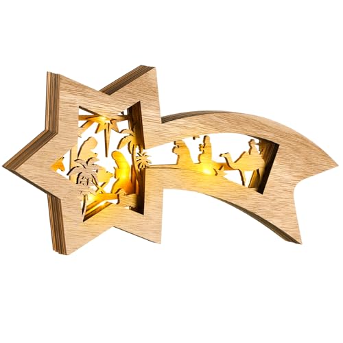 Bucherry Classic Wooden Nativity Scene Christmas Ornament with LED Lights - Tabletop Decor