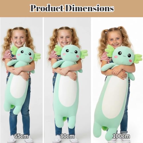 Kekeso 31.5in Axolotl Plush Pillow – Long Axolotl stuffed toy for kids & adults, green 80cm