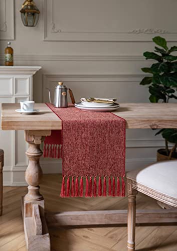Red Burlap Table Runner 108in x 13in with Tassels - Classic Rustic Farmhouse 100% Polyester