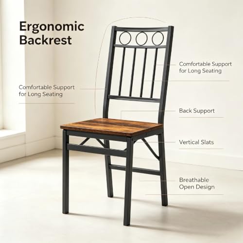 Set of 2 Industrial Folding Dining Chairs with Rustic Wood Seat