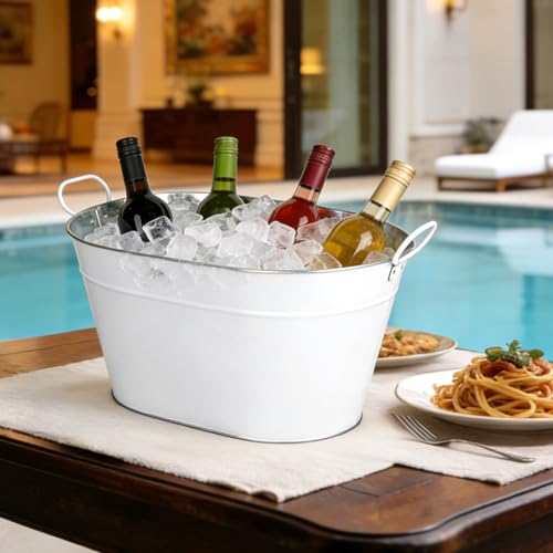 White Galvanized Beverage Tub 3 Gallon Ice Bucket with Handles for Drinks & Parties - SENCOS