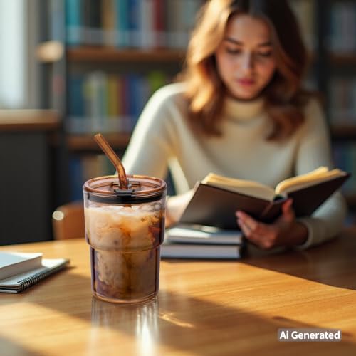 13oz Glass Tumbler with Lid and Straw, Thick-Walled Iced Coffee Cup