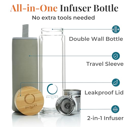 Pure Zen Tea Glass Infuser Bottle – Leakproof Travel Tea Tumbler with Stainless Steel Strainer, 15 oz