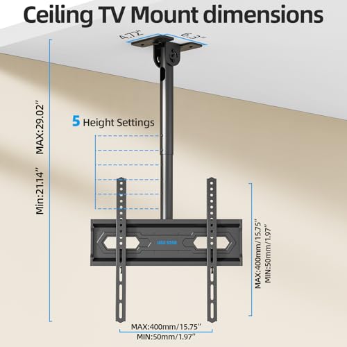 Full Motion Ceiling TV Mount for 26-65 inch TVs, Adjustable Height & Tilt
