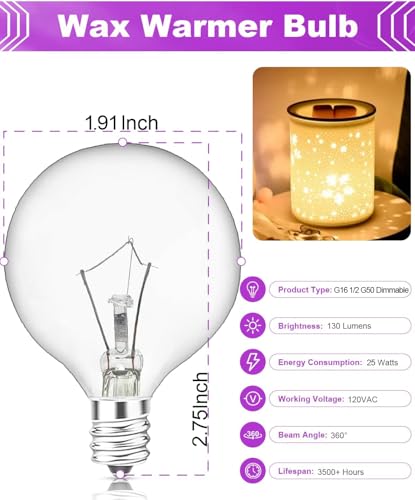 25 Watt Wax Warmer Light Bulbs - G16.5 Globe for Candle Warmers, 6 Pack