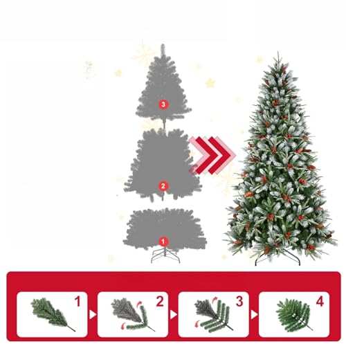 Trygoal 5FT Artificial Christmas Tree with Snow-Dusted Tips, Red Berries & Pine Cones, Pre-Decorated, Green, Hinged Stand