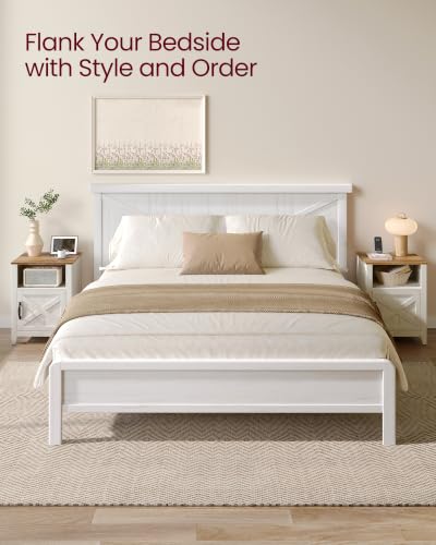 VASAGLE Farmhouse Nightstands Set of 2 with Barn Doors - Rustic White & Honey Brown, No Power