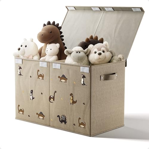 Collapsible Toy Storage Box with Lid, Divider & Dinosaur Print