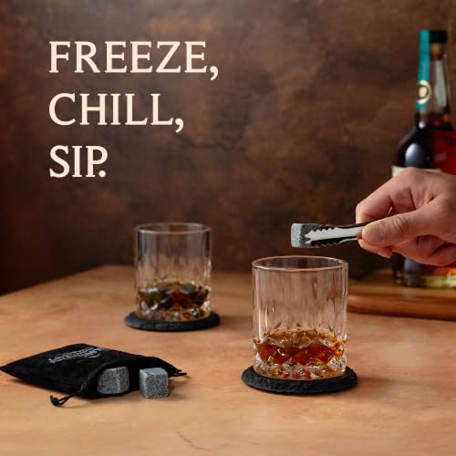 Mixology & Craft Whiskey Stones Gift Set with 2 Crystal Glasses, Slate Coasters & Recipe Cards