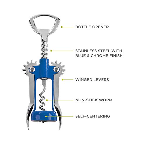 TRUE Blue Winged Corkscrew Wine Opener Set – Multi-Purpose Bottle Opener for Wine, Beer & Soda