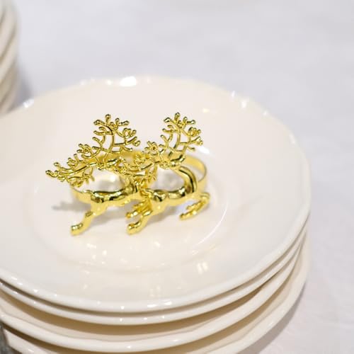 Deer-3 Gold Napkin Rings Set of 8 for Holiday & Christmas Table Decor