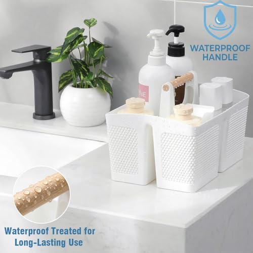 Rejomiik Portable Plastic Shower Caddy Basket with Wood Handle, White