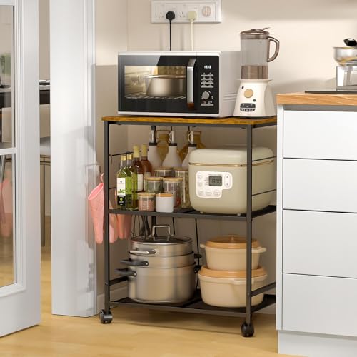 3-Tier Rolling Kitchen Microwave Cart with Lockable Wheels & Hooks