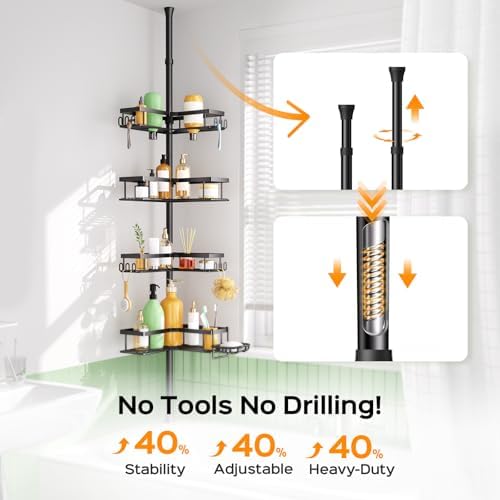 HAMITOR Shower Caddy - 4-Tier Rustproof Bathroom Organizer with Adjustable Tension Pole | No-Drill Design - 47-123 Inch Black