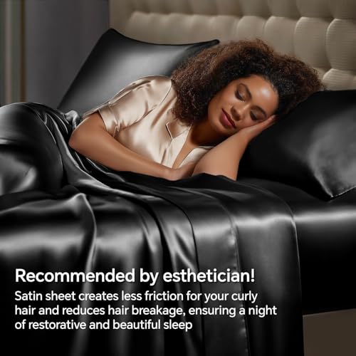 BEDELITE Satin Sheets Queen Size Bed Set Black 4-Piece Silky Cooling