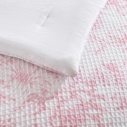 Floral Waffle Textured Comforter Set with Shams - Pastel Pink, Full/Queen