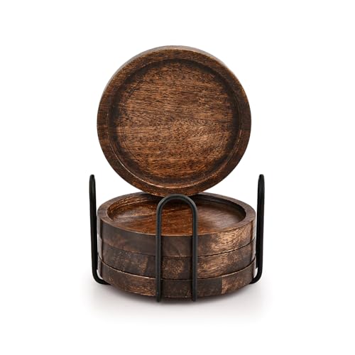 Mango Wood Drink Coasters Set with Iron Holder - 4 Pieces, Tabletop Protection