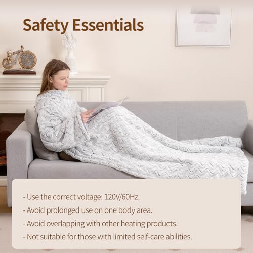 Wearable Heated Blanket with Sleeves and Foot Pockets, Faux Fur & Sherpa