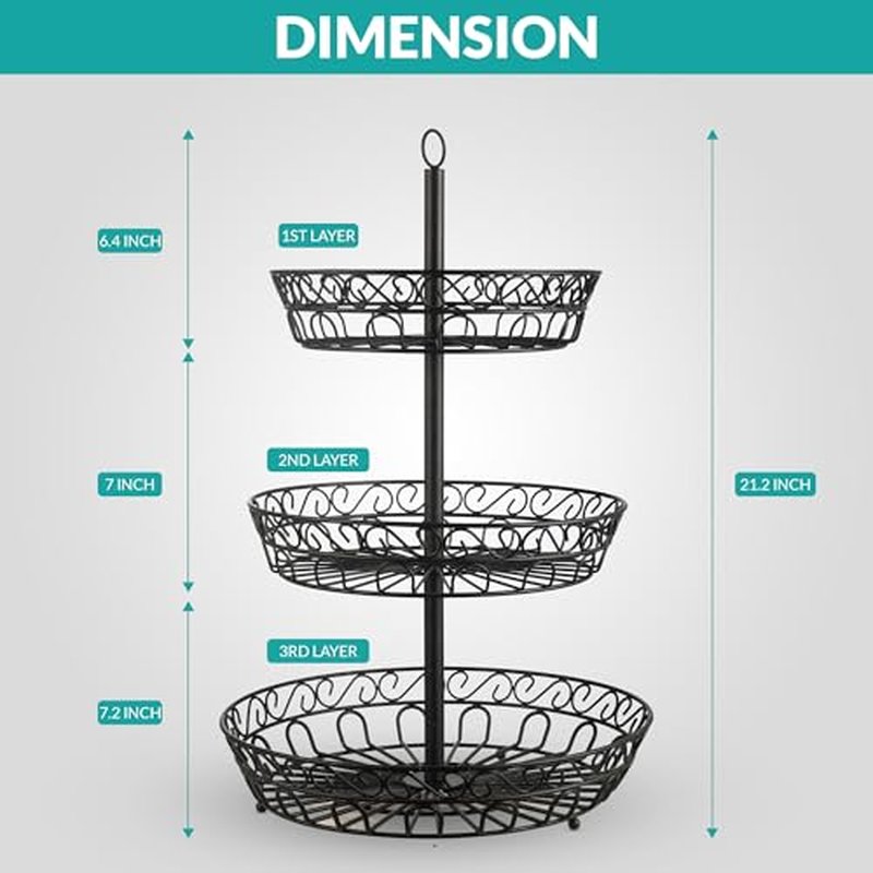 SDZOREN Large 3-Tier Fruit Basket for Kitchen Counter – Easy to Assemble, Antique Black, Stackable Fruit and Vegetable Storage Bowl (3 Layers)