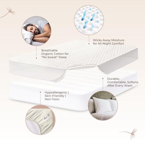 Organic Cotton Mattress Pad - Breathable Cooling Protector Queen Size