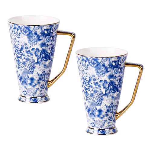 KAMMAK 18.6oz Ceramic Coffee Mugs Set of 2 with Elegant Blue-White Rim