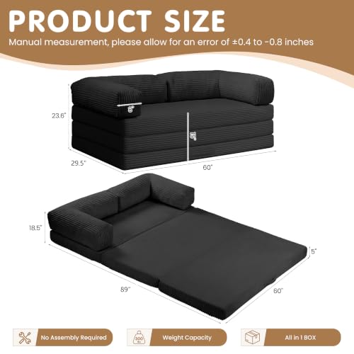 5-in-1 Corduroy Convertible Sofa Bed, Tri-Fold Futon Sleeper Couch