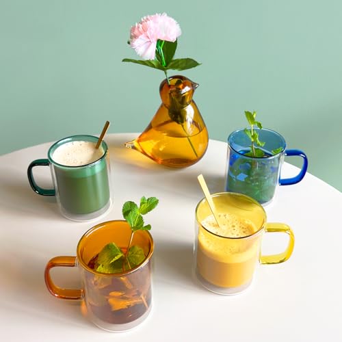 Cloudnola Double Wall Insulated Glass Mugs Set of 4 - Vibrant Coffee Tea Cups