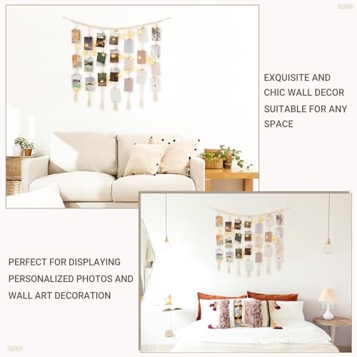 Macrame Hanging Photo Display with LED String Lights and 45 Clips