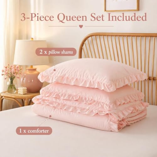 Blush Pink Queen Comforter Set - Soft Microfiber Bedding with Ruffles