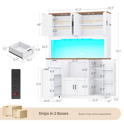 71" Kitchen Pantry Cabinet with Microwave Stand, Charging Station & LED Light