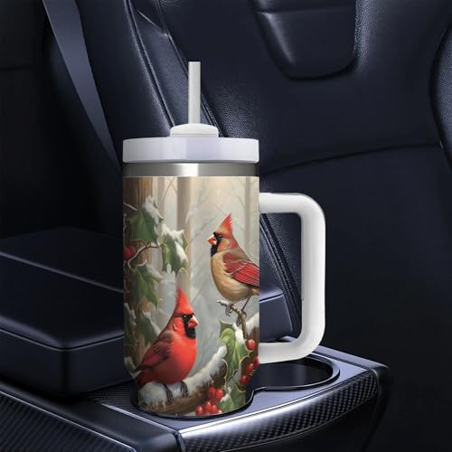 Christmas Red Birds 40oz Insulated Stainless Steel Tumbler with Lid & Straw - Dewoofly