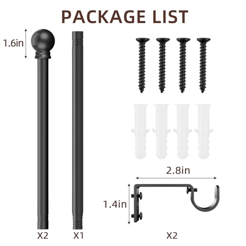Adjustable Black Curtain Rod Set 32 to 46 Inch with Decorative Finials