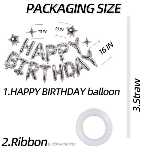 Silver Happy Birthday Foil Balloon Banner with Star Decorations