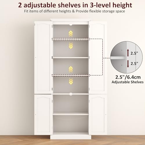 72-Inch Tall Kitchen Pantry Cabinet with Adjustable Shelves, White