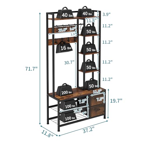 6-in-1 Entryway Hall Tree with Storage Bench, Drawers, Shelves, and Coat Rack
