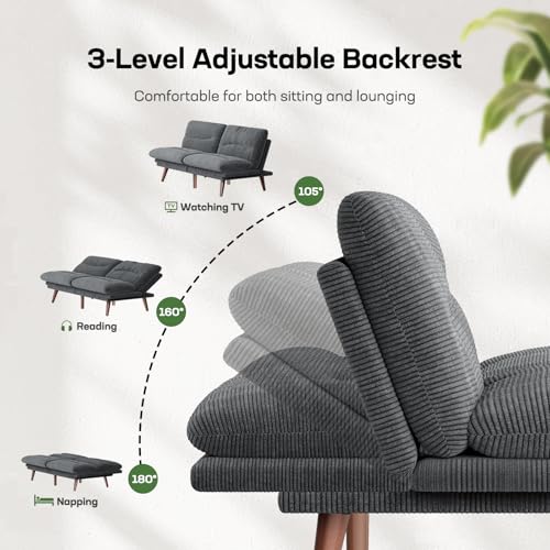 Convertible Corduroy Futon Sofa Bed, 66-Inch Adjustable Sleeper Loveseat