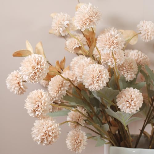 Beige Faux Silk Mums with Eucalyptus - 12 Stem Artificial Floral Arrangement