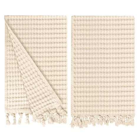 Waffle Weave Hand Towels with Tassel Fringe, 20x35 Inch, 2 Pack, Cream