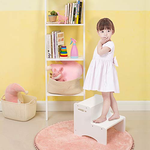 Wooden 2-Step Toddler Stool with Handles & Non-Slip Pads - White
