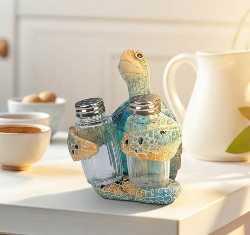 Blue Sea Turtle Salt and Pepper Shaker Holder Set - Coastal Kitchen Decor
