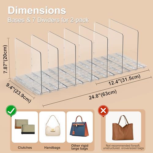 Clear Purse Organizer for Closet with Adjustable Dividers for Handbags